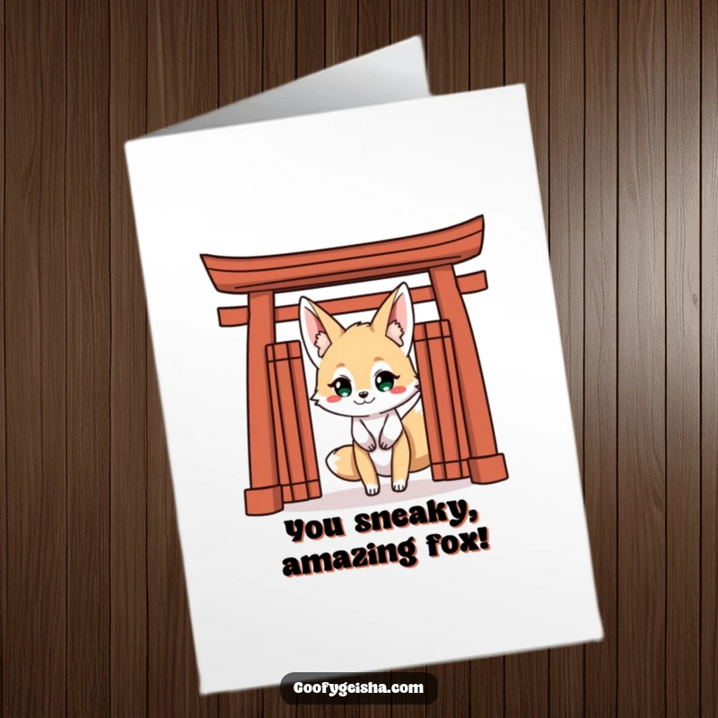 Funny Free Printable Congratulations Card featuring a mischievous Kitsune fox peering from behind a Torii gate with a playful, knowing grin.