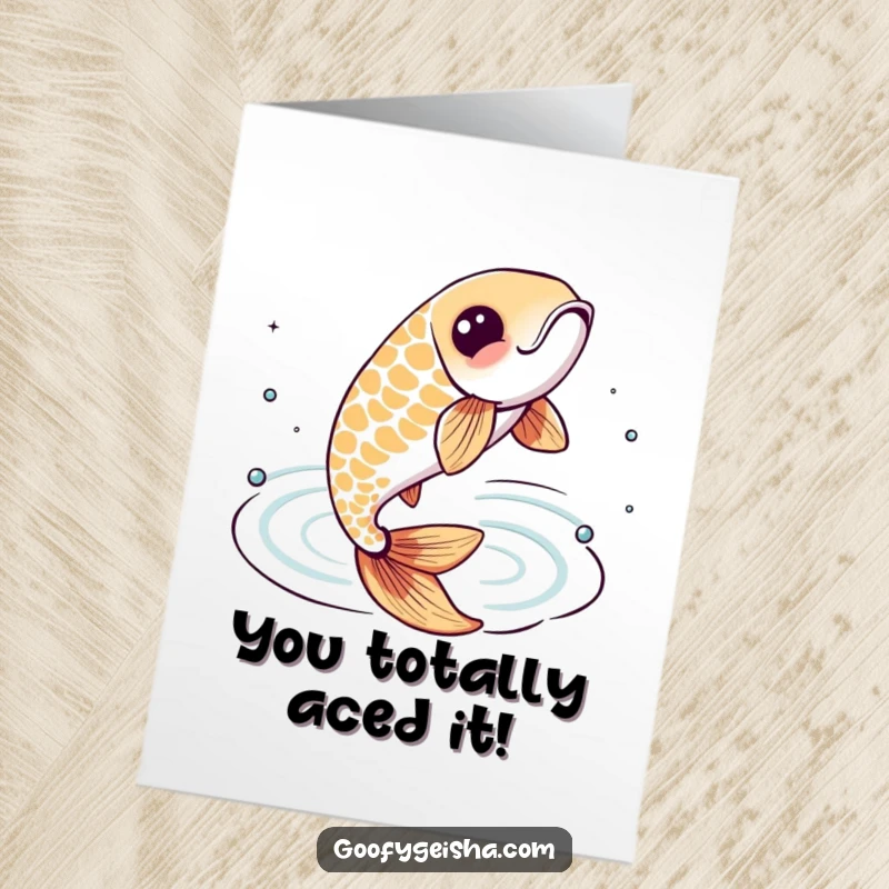 Funny free printable congratulations card: Energetic koi fish character leaping from stylized water, symbolizing achievement and momentum.