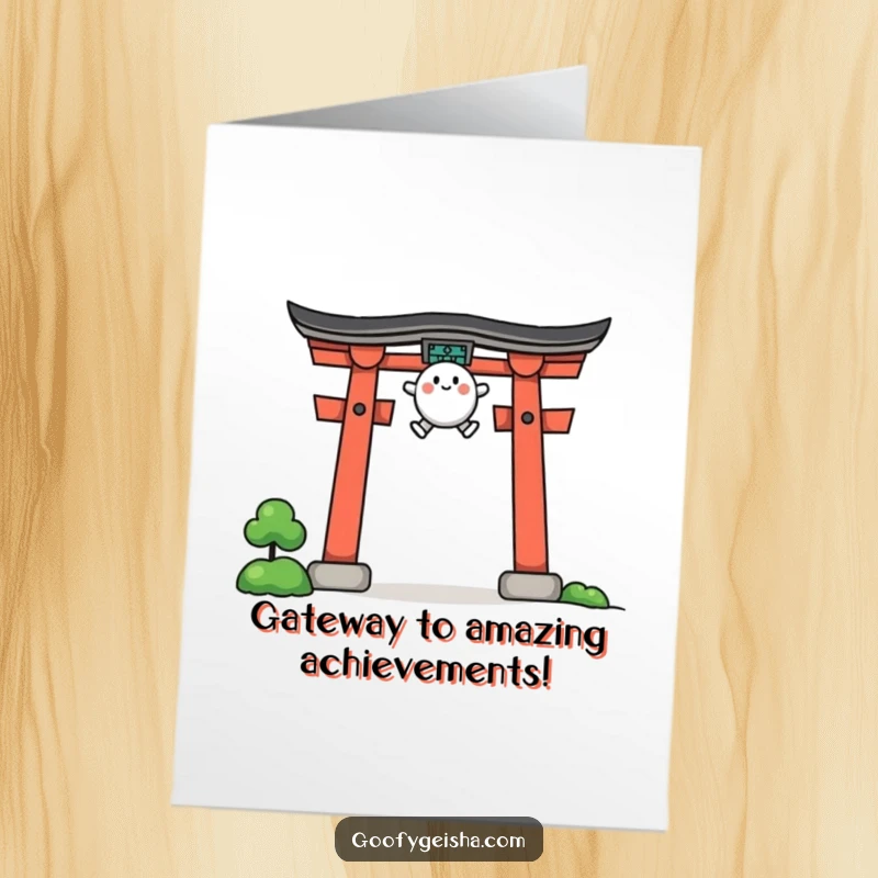 Funny Free Printable Congrats Card: A small character impressively jumping over a stylized torii gate, signifying a great accomplishment.