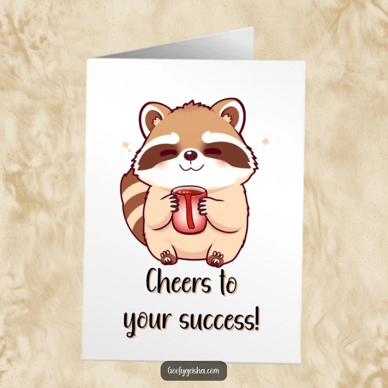 Funny Free Printable Congrats Card: A cute Tanuki character winks conspiratorially, holding a sake cup in celebration.