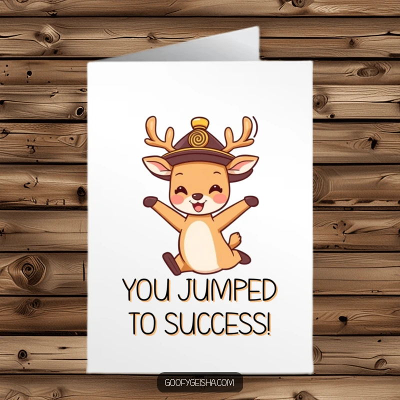 Free Printable Congratulations Card: A cute deer in a hat performing a happy jump, celebrating success with downloadable cheer.