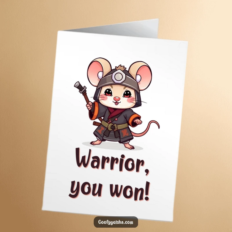 Free Printable Congratulations Card: A little mouse in samurai attire, striking a playful pose, celebrating victory with downloadable charm.