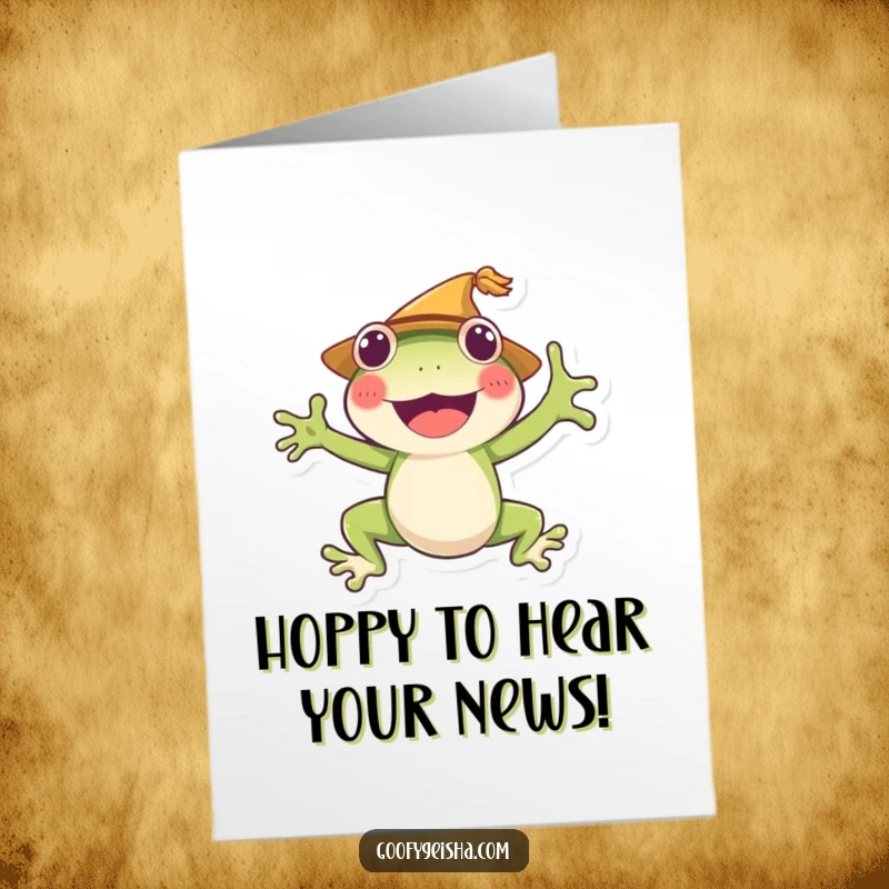 Funny Free Printable Congratulations Card: Cheerful frog wearing a straw hat jumping high in excitement.