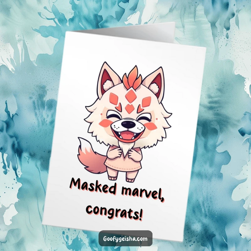 Funny Free Printable Congratulations Card: Character comically tries on a Kitsune mask, looking surprisingly bold. Great downloadable art.