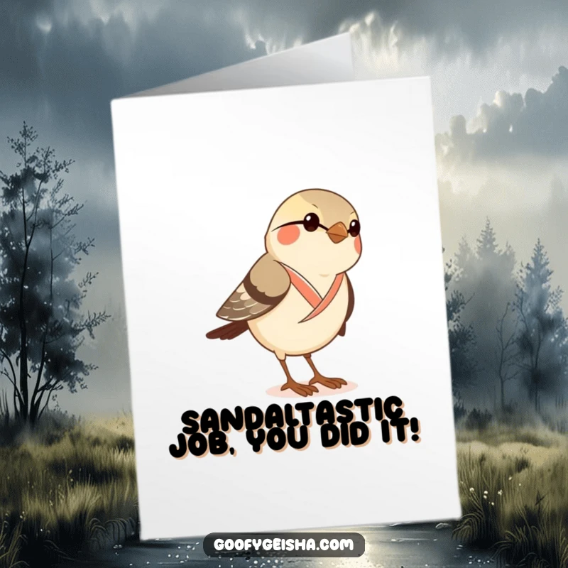 Funny free printable congratulations card showing a curious sparrow in a kimono attempting to wear geta sandals, symbolizing new ventures.