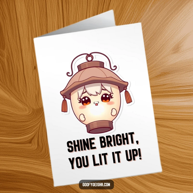 Funny Free Printable Congratulations Card: Character with curious eyes peeks around a large lantern. A surprising downloadable greeting.