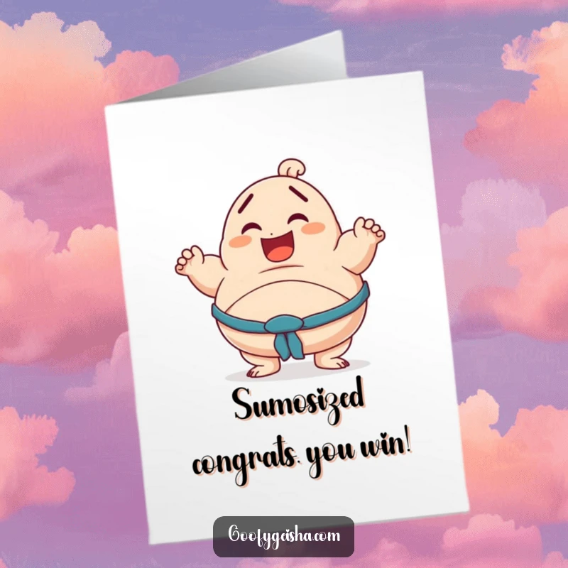 Funny Free Printable Congratulations Card: A character doing a funny sumo pose, wobbling precariously, celebrating a win with a laugh, a unique downloadable gift.