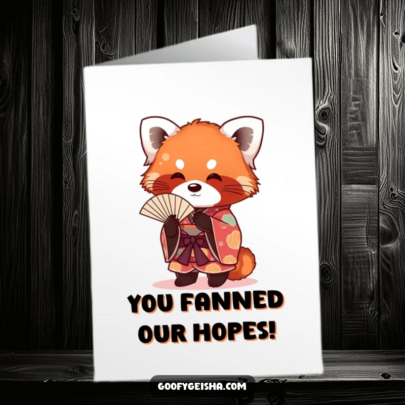 Funny Free Printable Congrats Card: A red panda in a kimono fanning itself, celebrating a big win.