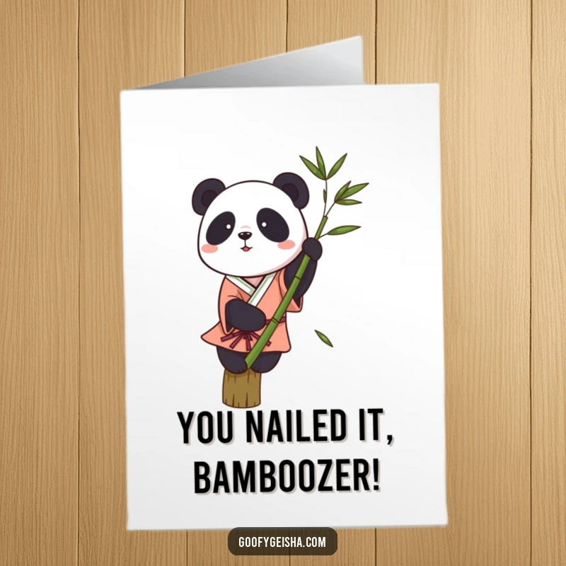 Funny free printable congratulations card showing a panda in a kimono struggling to balance on a bamboo stalk, celebrating achievement.