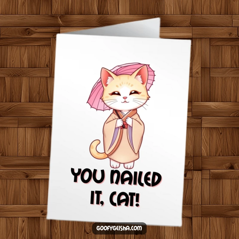 Funny Free Printable Congrats Card: A sophisticated cat in a silk kimono, holding a parasol elegantly.