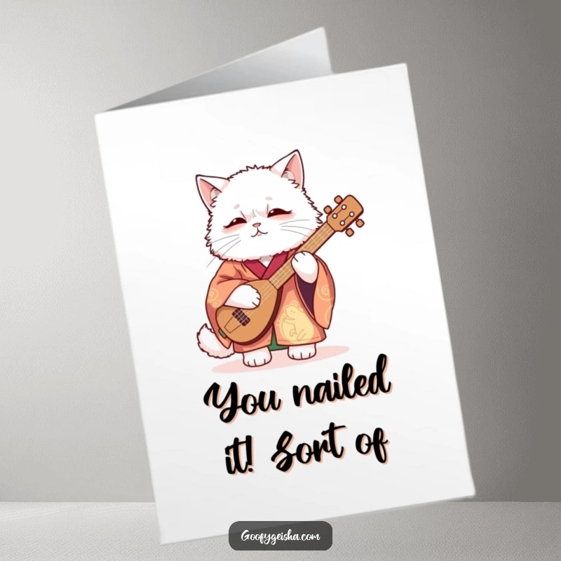 Funny free printable congratulations card of a cat in a kimono awkwardly playing a shamisen, celebrating success with charming musical fumbles.