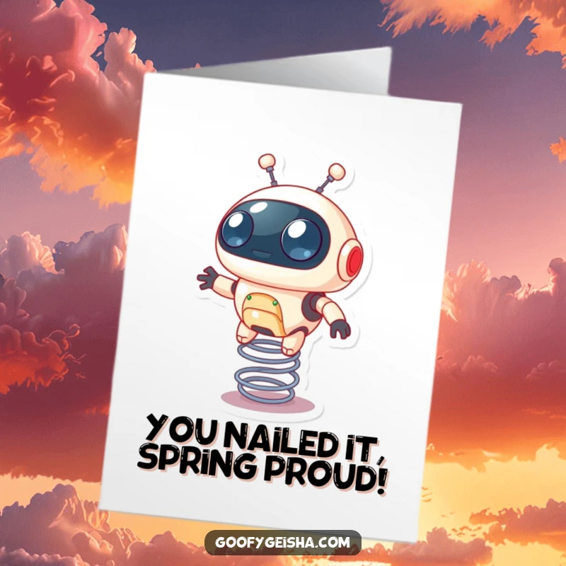 Funny Free Printable Congratulations Card: A small round robot with big curious eyes bounces high on a spring. Downloadable excitement!