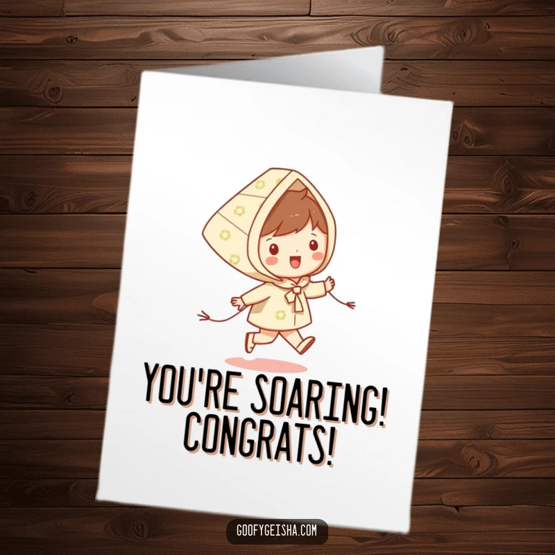 Funny Free Printable Congratulations Card: Happy character skipping with a kite, celebrating a fantastic accomplishment.