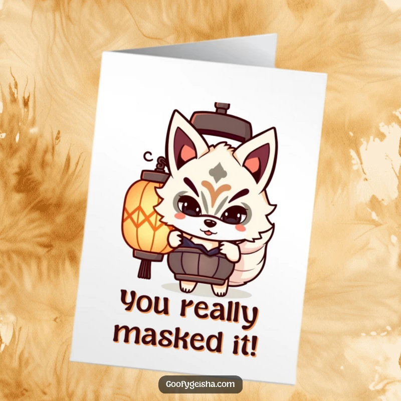 Funny Free Printable Congratulations Card: A cute Kitsune figure peeks from behind a lantern, hinting at celebration. A downloadable card to print at home.