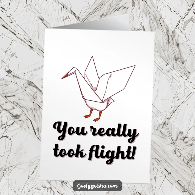 Funny Free Printable Congratulations Card: Origami crane fluttering its wings joyfully, celebrating a wonderful accomplishment with grace.