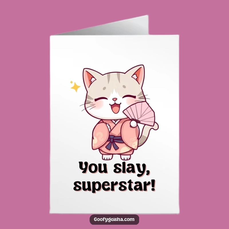 Free Printable Congratulations Card: Kawaii Cat Fanning for a Joyful and Stylish Celebration