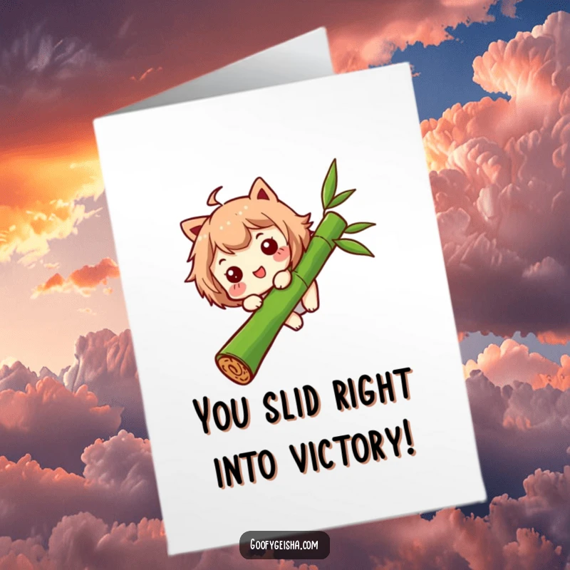 Funny Free Printable Congratulations Card: Character with a funny expression sliding down a bamboo stalk, celebrating a big win.