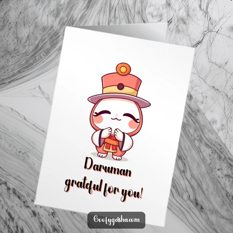 Funny Free Printable Thank You Card: A character with a bow tie and daruma top hat bows deeply in gratitude.