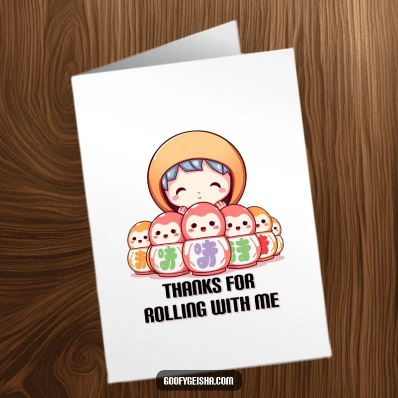 Funny Free Printable Thank You Card: A character peeking from behind daruma dolls to convey thanks in a curious way.