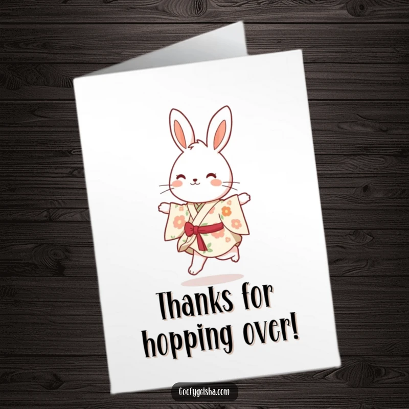 Funny Free Printable Thank You Card: A cheerful bunny in a floral kimono, skipping happily to say thank you.
