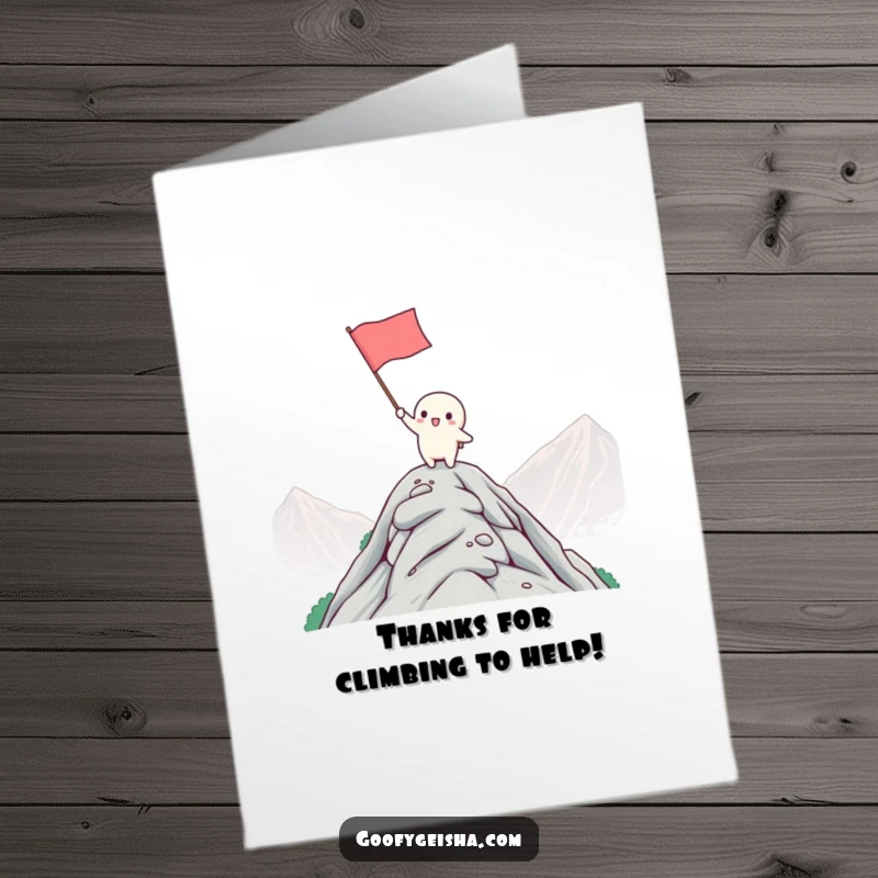 Funny Free Printable Thank You Card: Tiny Kawaii character waves a flag enthusiastically from a mountaintop, expressing gratitude.