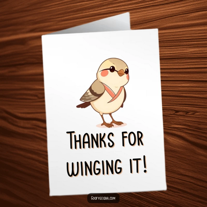 Funny free printable thank you card of a curious sparrow in a kimono trying to wear geta sandals, offering thanks for small kindnesses.