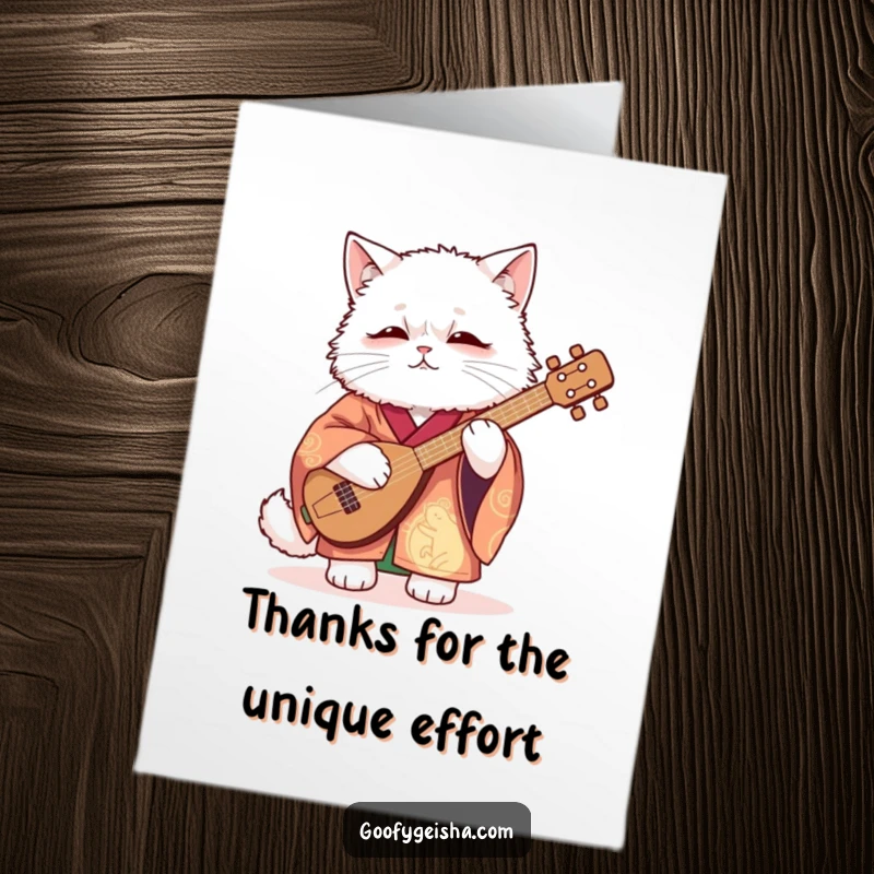 Funny free printable thank you card featuring a cat in a kimono awkwardly strumming a shamisen, offering a unique, humorous thank you.