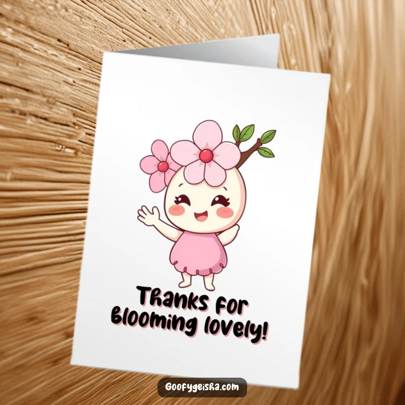 Funny Free Printable Thank You Card: a happy cherry blossom character with tiny arms giving a cheerful hello wave.
