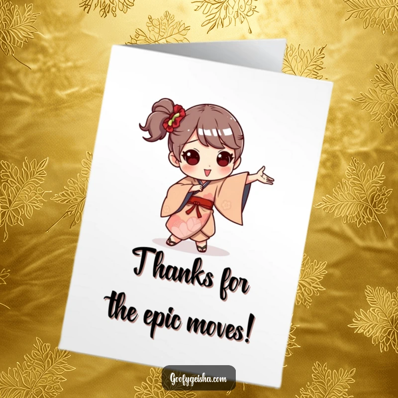 Funny Free Printable Thank You Card: A character in a flowing kimono striking a hilarious, over-the-top dance pose to say thanks.
