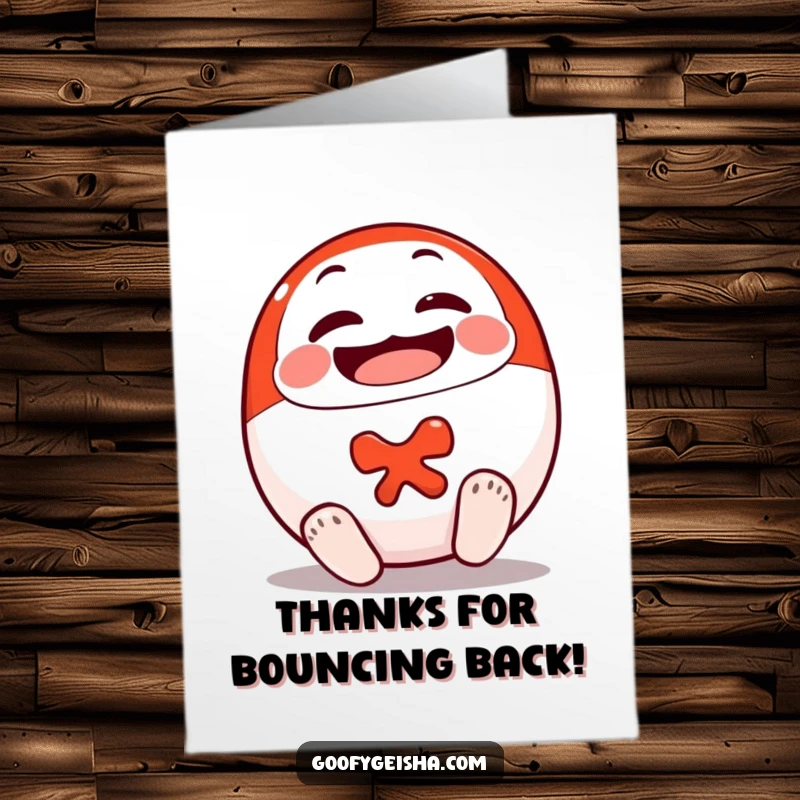Funny Free Printable Thank You Card: a cheerful Daruma doll character rolling onto its feet to show appreciation.