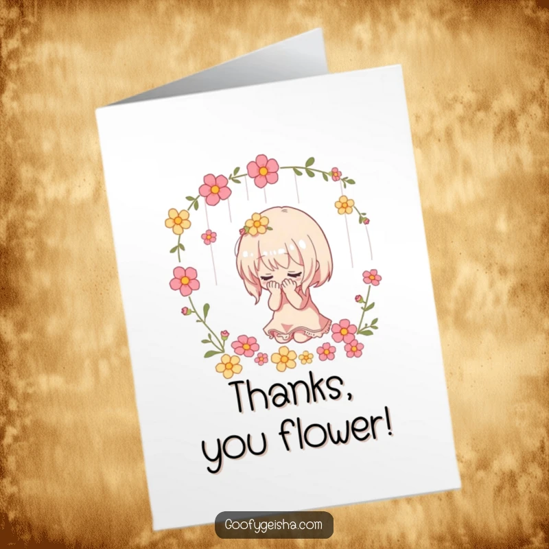 Funny Free Printable Thank You Card: Character gives a profound bow amidst a shower of flowers, expressing deep thanks. Unique DIY.