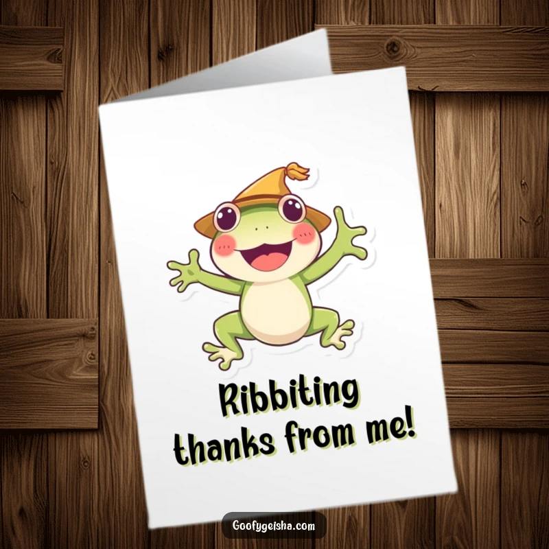 Funny Free Printable Thank You Card: Cheerful frog in a straw hat jumping happily to express thanks.
