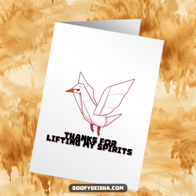 Funny Free Printable Thank You Card featuring a cute origami crane character joyfully flapping its wings, conveying sincere appreciation.