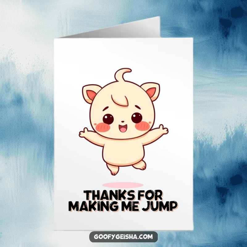 Funny Free Printable Thank You Card: Small character with rosy cheeks jumps joyfully. A thankful downloadable greeting.