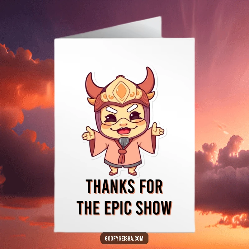 Funny Free Printable Thank You Card: Delighted character in a traditional mask striking a comically grateful pose, saying thanks.