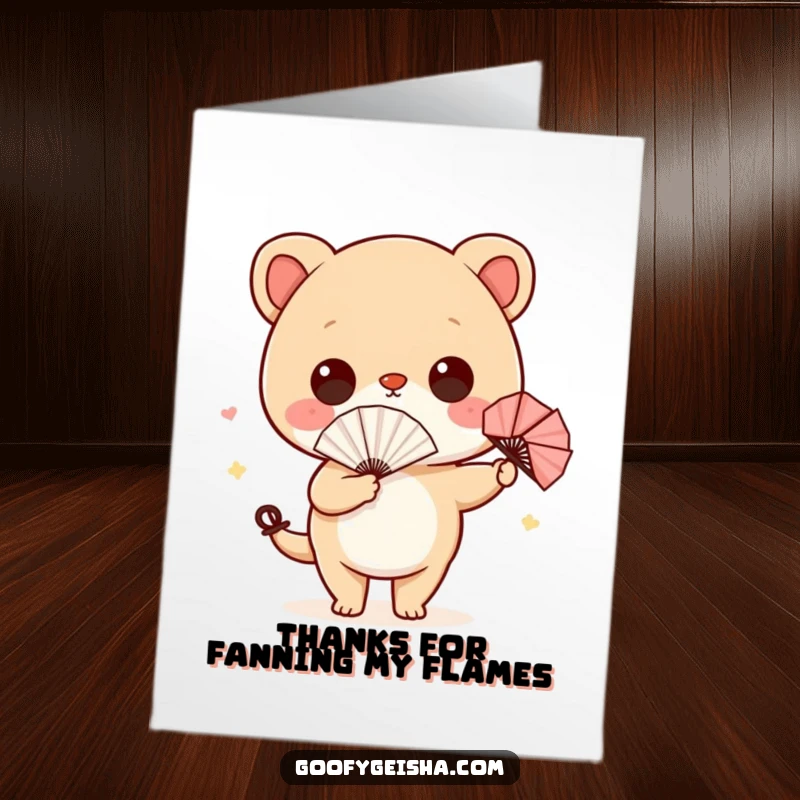 Funny Free Printable Thank You Card: Cute character wiggles hips with a fan, expressing thanks. A humorous downloadable greeting.