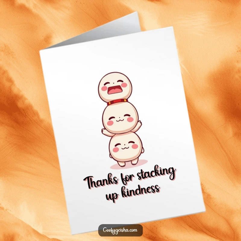 Funny Free Printable Thank You Card: Character struggling to keep a stack of Daruma dolls from falling, a relatable moment.