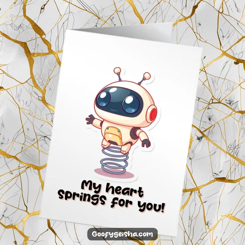 Funny Free Printable Thank You Card: A tiny round robot with wide eyes joyfully bounces on a metal spring. Downloadable thanks!