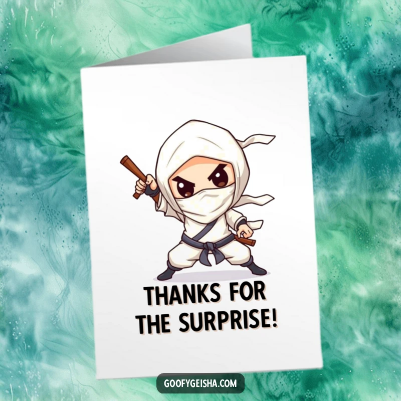 Funny free printable thank you card of a chibified character striking a ninja pose with a silly grin, conveying thanks.