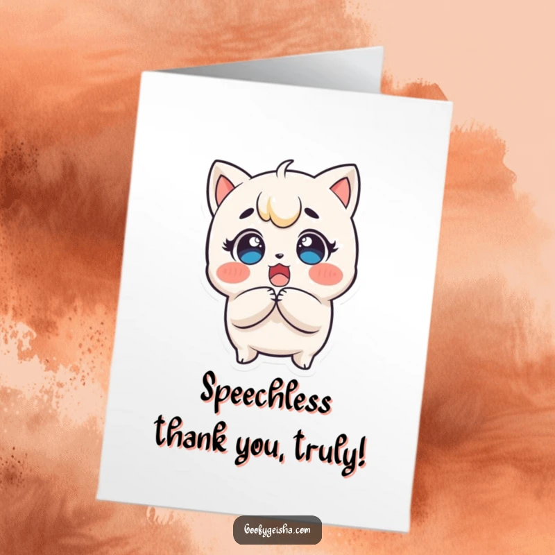 Funny Free Printable Thank You Card: A surprised Kawaii character clutches its head, eyes wide with delight at your kindness.