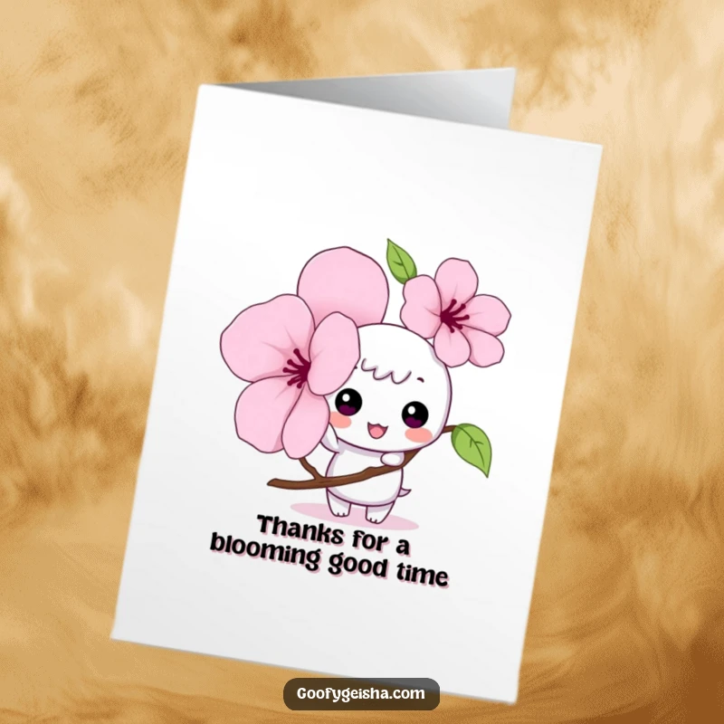 Funny Free Printable Thank You Card: Kawaii character playfully taps a cherry blossom petal, a sweet downloadable art.