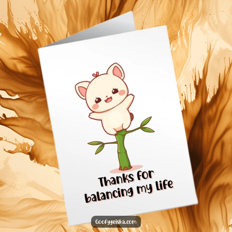 Funny Free Printable Thank You Card: Delighted Kawaii character balances on bamboo, a sweet downloadable art.