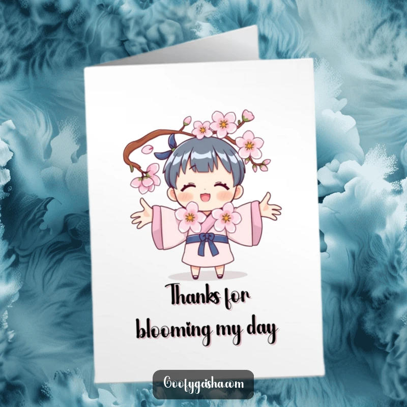 Funny Free Printable Thank You Card: Character with arms open wide, embracing a cherry blossom, conveying sincere thanks.