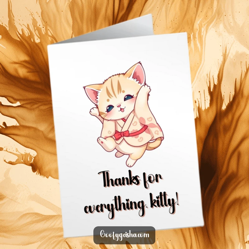 Funny Free Printable Thank You Card: A kitten in a tiny kimono doing a somersault to express heartfelt thanks.