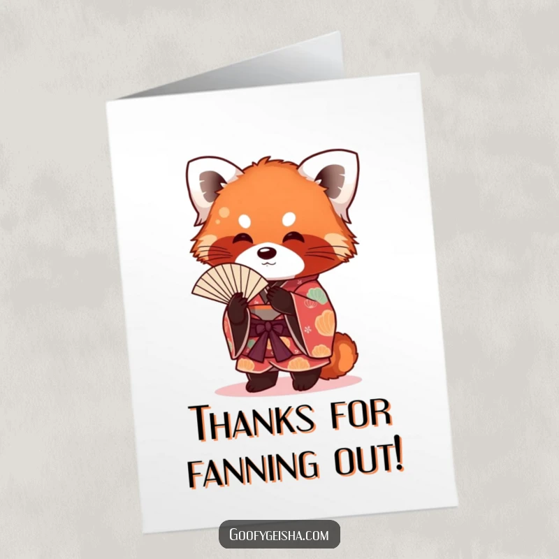 Funny Free Printable Thank You Card: Red panda in a kimono fanning itself, showing thanks with a smirk.