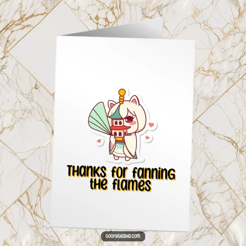 Funny Free Printable Thank You Card: Kawaii character with a fan providing relief to a tiny pagoda, showing thanks.