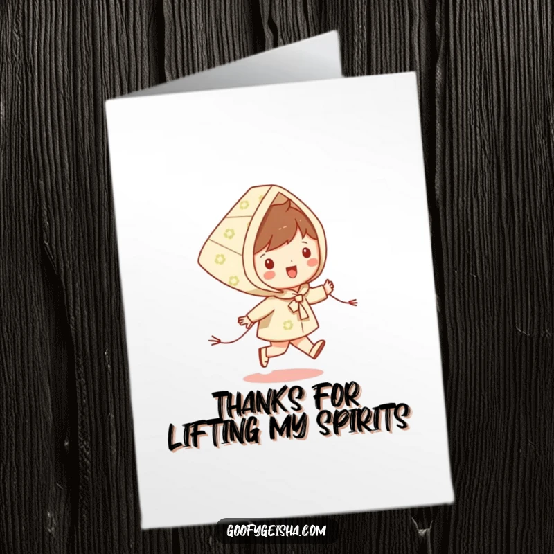 Funny Free Printable Thank You Card: Tiny happy character skipping with a patterned kite, expressing cheerful gratitude.