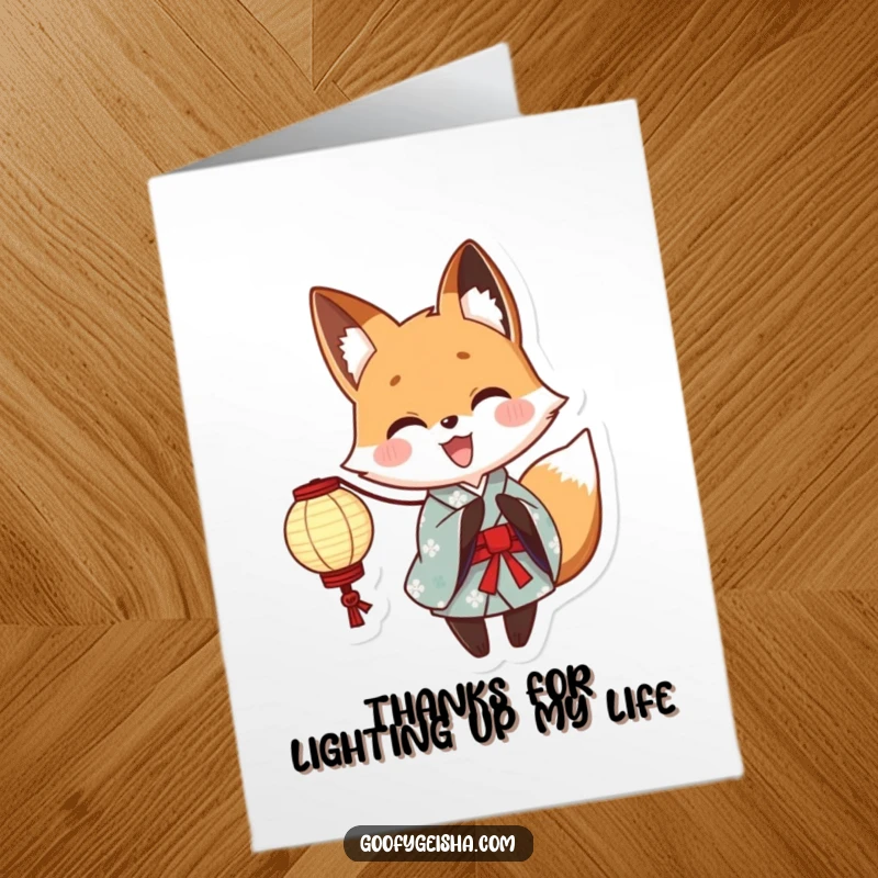 Funny Free Printable Thank You Card: Cute fox in yukata, holding lantern, conveying thanks with humor.