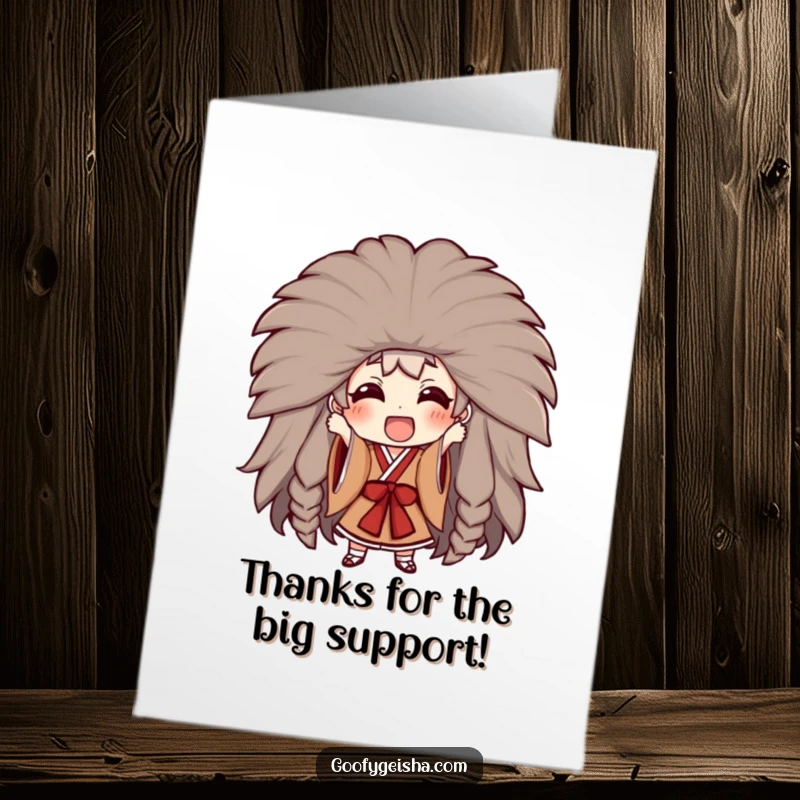 Funny Free Printable Thank You Card: A character excited to wear a huge Kabuki wig, a comical downloadable gift.