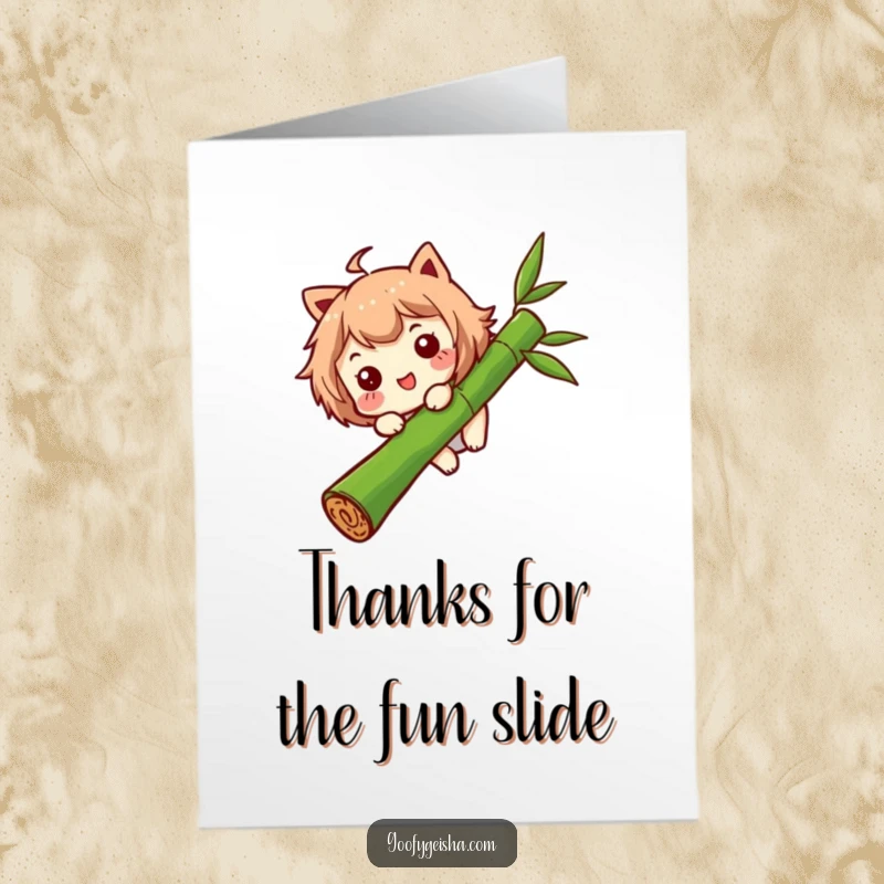 Funny Free Printable Thank You Card: Character with a funny expression sliding down a bamboo stalk, conveying thanks with humor.
